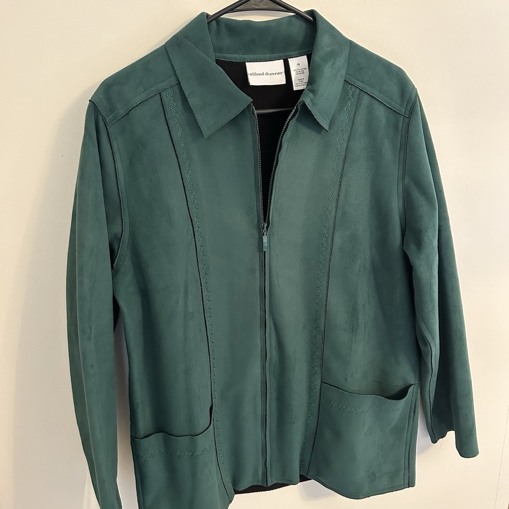 Alfred Dunner‎ Jacket Green Faux Suede Zip Coat Women's Size 10 Fleece Lined